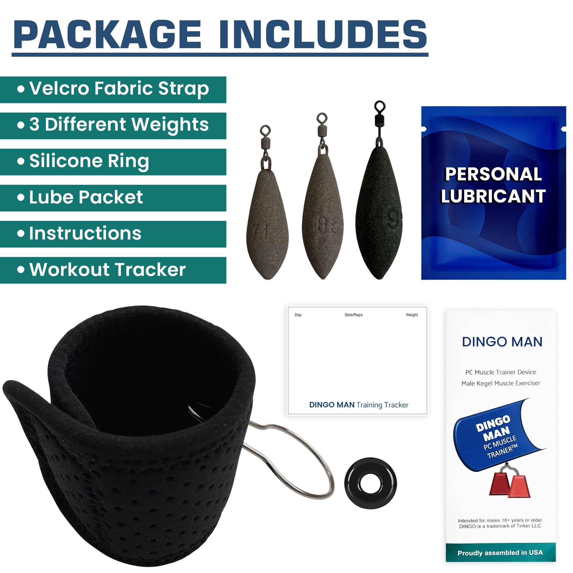 Dingo Man Kegel Trainer product parts. Velcro strap, 3 different weights, silicone ring, lube packet, instructions, workout tracker.